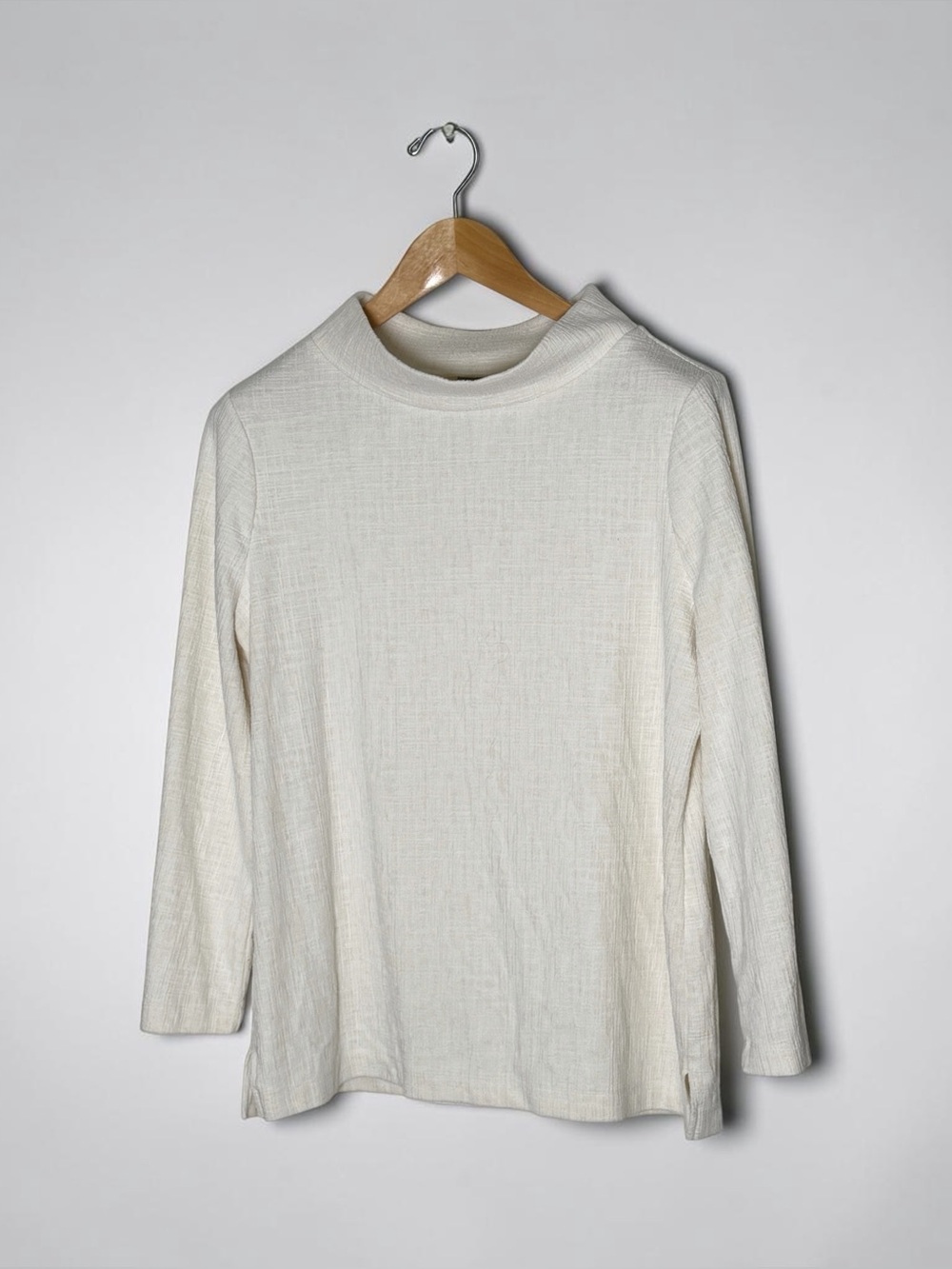 Chico's Cream Cotton Blend Mock Neck Blouse, Size 2 (Large 12) Long Sleeve
